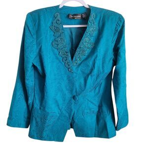 St. Gillian 100% Silk Jacquard Beaded Blazer Women's Size 12 Teal Vintage Formal